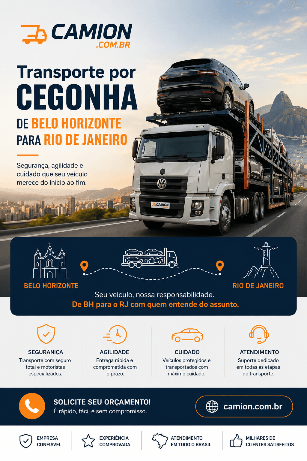 Transporte por cegonha de Belo Horizonte para Rio de Janeiro — caminhão cegonheira na rota BR-040