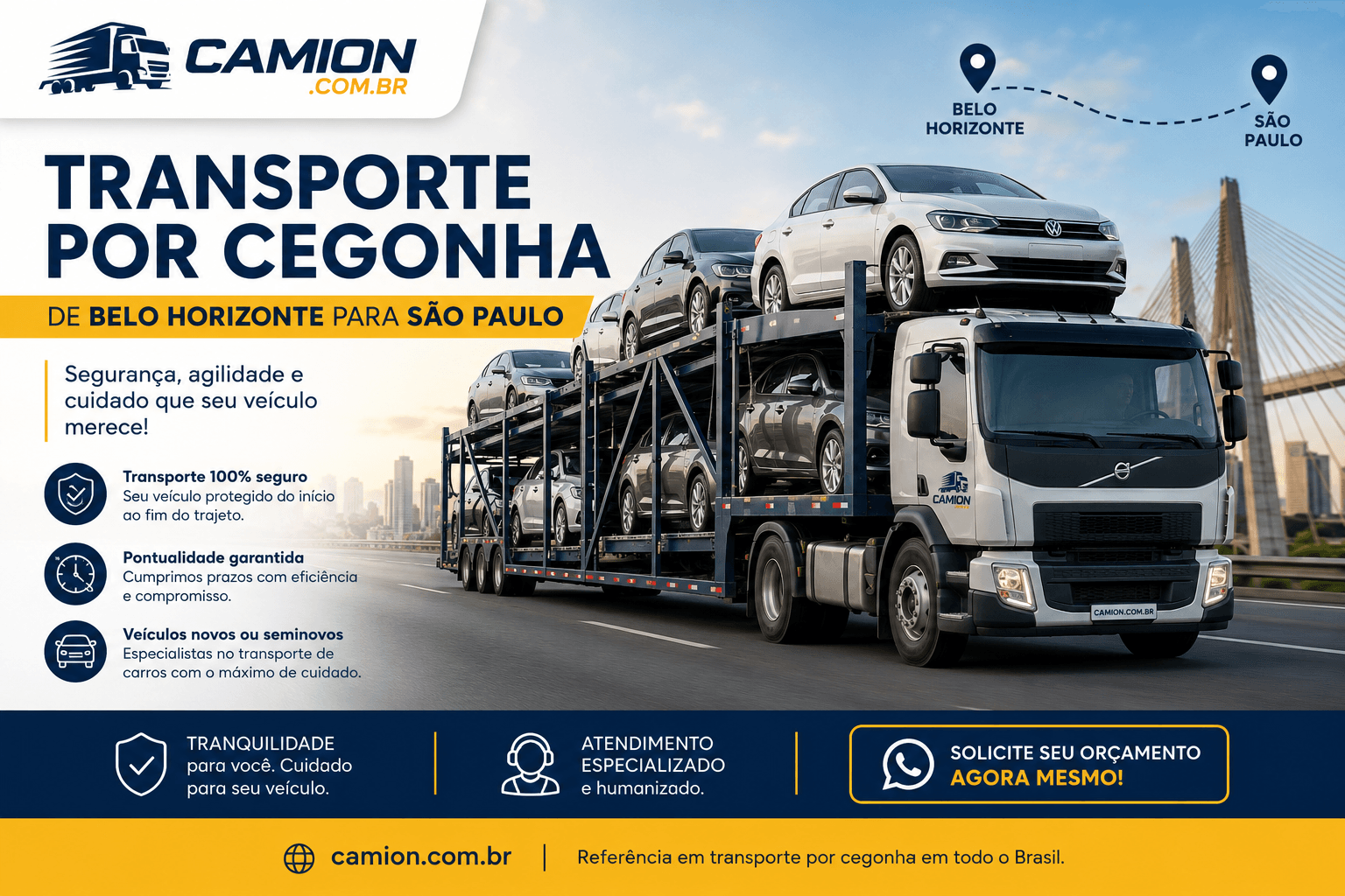 Transporte por cegonha de Belo Horizonte para São Paulo — caminhão cegonheira na rota BR-381