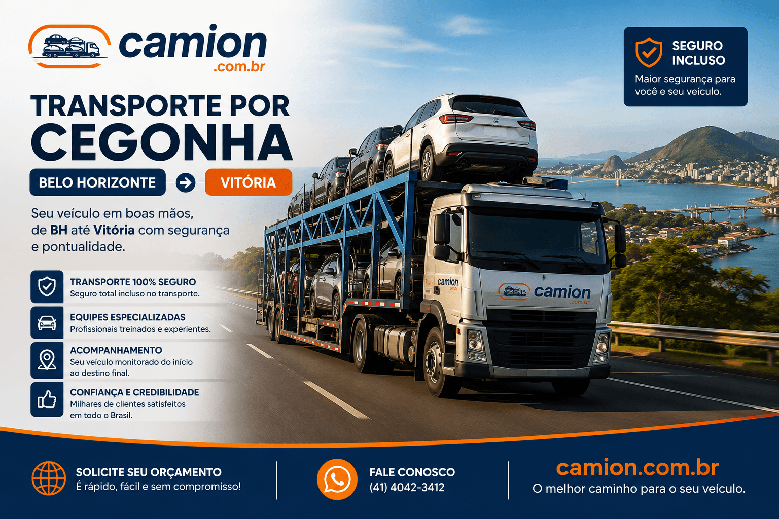 Transporte por cegonha de Belo Horizonte para Vitória — caminhão cegonheira na rota BR-262